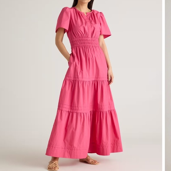 Quince 100% Organic Cotton Poplin Tiered Maxi Dress Lipstick Pink Large - Picture 1 of 16